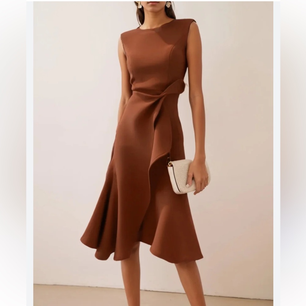 NWT Fehaute Spice Terracotta Brown Asymmetrical Sleeveless Flounce Midi Dress 10 - Picture 4 of 13